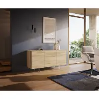 DELIFE Sideboard Cuor 150 cm Keramik Laminam Sabbia Eichefarbig 3 Türen Fuß Schwebeoptik Acrylglas