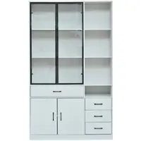 OKWISH Aufbewahrungsschrank mit Glastüren und LED, Vitrine mit vier Schubladen und offenen Fächern, Highboard Viel Stauraum, Weiß