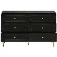 OKWISH moderner Sideboard mit sechs Schubladen, Kommode ovales Vertiefungsdesign, Metallfüße, Wohnzimmerschrank in Schwarz