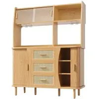MODFU Küchenschrank mit Rattanoptik & Glasschiebetüren, Hochschrank mit offene Fächer, Mehrzweckschrank Buffetschrank mit Schubladen, Aufbewahrungsschrank, Holzfarbe