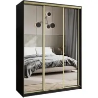Masseno Schiebetürenschrank RIEN 150/205/60 cm Kleiderschrank mit Schubladen Schlafzimmer Schrank 3-türig mit Spiegel Schwarz + Gold