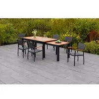 Merxx Gartenmöbel Set Paxos 7tlg., 6 Stapelsessel , Flex Ausziehtisch 180 (180) x 100 (83) x 80 (74) cm- Aluminium/Akazie/Textil