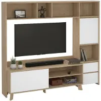 Dmora Fernsehschrank Nanette, Ständer für Wohnzimmerfernseher, Niedriges Wohnzimmer-Sideboard, TV-Ständerbasis, 209x48 h183 cm, Eiche und Glänzend Weiß