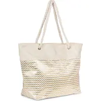 StyleBREAKER XXL Strandtasche mit metallic Zick-Zack Muster | große Damen Schultertasche mit Kordelgriffen & Reißverschluss | Shopper 58,5 x 36,5 x 16 cm