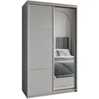 Masseno Schiebetürenschrank VARO 120/205/60 cm Kleiderschrank mit Schubladen Schlafzimmer Schrank 2-türig mit Spiegel Graphitfarben + Satin