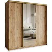 Masseno Schiebetürenschrank TAVI 200/205/60 cm Kleiderschrank mit Schubladen Schlafzimmer Schrank 3-türig mit Spiegel Craft Eiche Goldfarben + Gold