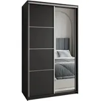 Masseno Schiebetürenschrank VARO 120/205/60 cm Kleiderschrank mit Schubladen Schlafzimmer Schrank 2-türig mit Spiegel Schwarz + Satin