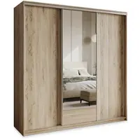 Masseno Schiebetürenschrank TAVI 180/205/60 cm Kleiderschrank mit 4 Schubladen Schlafzimmer Schrank 3-türig mit Spiegel Sonoma Eiche