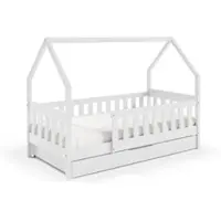 Masseno Kinderbett BELLA 80x160 cm mit Schublade, Rausfallschutz, Einzelbett für Mädchen und Jungs, Hausbett für Kinder, Holz, Weiß