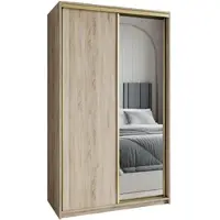 Masseno Schiebetürenschrank TAVI 120/205/60 cm Kleiderschrank mit Schubladen Schlafzimmer Schrank 2-türig mit Spiegel Sonoma Eiche + Gold