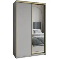 Masseno Schiebetürenschrank TAVI 120/205/60 cm Kleiderschrank mit Schubladen Schlafzimmer Schrank 2-türig mit Spiegel Graphitfarben + Gold