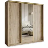 Masseno Schiebetürenschrank TAVI 180/205/60 cm Kleiderschrank mit 4 Schubladen Schlafzimmer Schrank 3-türig mit Spiegel Sonoma Eiche