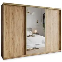Masseno Schiebetürenschrank TAVI 270/205/60 cm Kleiderschrank mit Schubladen Schlafzimmer Schrank 3-türig mit Spiegel Craft Eiche Goldfarben + Gold