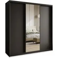 Masseno Schiebetürenschrank TAVI 180/205/60 cm Kleiderschrank mit 4 Schubladen Schlafzimmer Schrank 3-türig mit Spiegel Schwarz