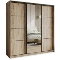 Masseno Schiebetürenschrank VARO 180/205/60 cm Kleiderschrank mit 4 Schubladen Schlafzimmer Schrank 3-türig mit Spiegel Sonoma Eiche