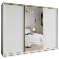Masseno Schiebetürenschrank TAVI 270/205/60 cm Kleiderschrank mit Schubladen Schlafzimmer Schrank 3-türig mit Spiegel Weiß + Gold