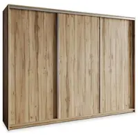 Masseno Schiebetürenschrank NISSE 270/205/60 cm Kleiderschrank mit Schubladen Schlafzimmer Schrank 3-türig Eiche Wotan + Satin