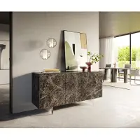 DELIFE Sideboard Cuor 150 cm Keramik Emperador Extra Lucidato Dunkelbraun 3 Türen Fuß Schwebeoptik Acrylglas