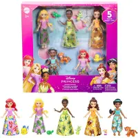Disney Princess und Freunde Set mit 5 kleinen Puppen in glitzernden Outfits und 5 Freundefiguren, Modepuppe, Weiblich, 3 Jahr(e), Junge/Mädchen, 90 mm, 65 g