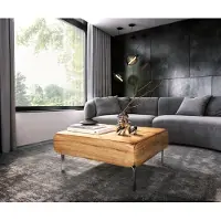 DELIFE Couchtisch Shavani 90x90 cm Akazie Natur 2 Türen L-Fuß Edelstahl Silber