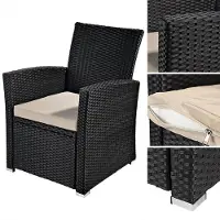 Feel2Home Gartensessel aus wetterfestem Polyrattan mit hohen Armlehnen und beigem Sitzkissen für Terrasse und Balkon, Schwarz