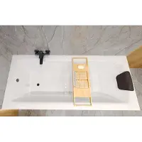 Besco Badewanne Rechteck Set 6in1 170x75 mit Premium Ablaufgarnitur und Füßen GRATIS + Verkleidung (AcrylSchürze) + Bambus Holzablage + Kopfstütze in Schwarz | BADLAND TALIA
