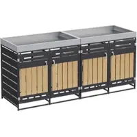 OKWISH Mülltonnenbox vierflügelige Tür Gartenmülleimer mit Pflanzkasten Outdoor-Aufbewahrungsbox mit Schloss Vertikale Holzmaserungspaneele für den Außenbereich geeignet Schwarz