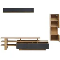MODFU TV Wohnwand Set 3-teilig mit LED Beleuchtung und TV Schrank TV-Lowboard-Set 1 Wohnzimmer Vitrine und 1 Hängeregal TV schrank mit 3 Schublade Geeignet für das Wohnzimmer Schwarz+Natur