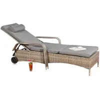 Feel2Home Sonnenliege Liegestuhl aus Polyrattan mit Rollen und Auflage, wetterfestes Geflecht, Metallgestell, 213x67x52 cm, Grau