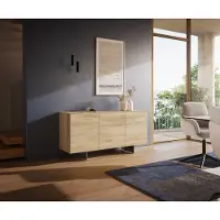 DELIFE Sideboard Cuor 150 cm Keramik Laminam Sabbia Eichefarbig 3 Türen Fuß Schwebeoptik Edelstahl
