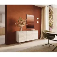DELIFE Sideboard Cuor 150 cm Keramik Laminam Travertino Bianco Creme-Weiß 3 Türen Fuß Schwebeoptik Acrylglas