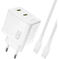 Dudao A28PCEU Adapter 45Watt 2xUSB-C (1m USB-C to USB-C cable included) Hvid