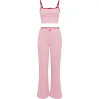 LASCANA Pyjama , Damen, Gr. 36/38, rosa, Jersey, Obermaterial: 100% Baumwolle, gerade hüftlang, ohne Ausschnitt, Homewear-Sets Pyjama, mit Kontrast-Häkelkanten
