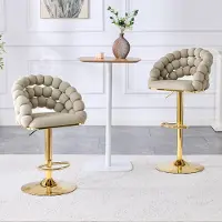 MODFU Barhocker 2er-Set,Relaxsessel mit Kugelketten-Rückenlehne und Vergoldetes Verstellgestell,Loungesessel aus Samt,für Home Bar & Essbereich,Grau