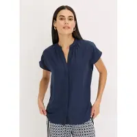 Bonprix Kurzarmbluse , Damen, Gr. 40, dunkelblau, Web, Obermaterial: 100% Polyester, oversize, Blusen Kurzarmbluse, Oversize Passform, mit V-Ausschnitt, mit Umlegekragen
