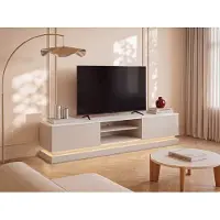 Vente-unique TV-Möbel - 2 Schubladen & 2 Ablagefächer - Mit LED-Beleuchtung - MDF - Beige & Marmor-Optik Weiß - DEVIKA