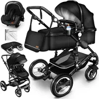 Kiduku Kinderwagen Komplettset, Kombikinderwagen Set inkl. Babywanne Buggy Auto-Babyschale Fußsack, Voll-Gummireifen Wickeltasche Regenschutz Kindertisch (Schwarz/Schwarz)
