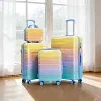 OKWISH 4-teiliges Set Klassische Koffer mit Zahlenschloss, Trolleys mit 14‑Zoll Kosmetiktasche, Koffer 20/24/28‑Zoll, Gelb