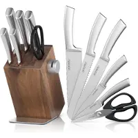 Arendo Messerblock mit 5 Messern und Küchenschere, Messerset, Koch-, Brot-, Fleisch-, Allzweck- und Spickmesser, Holzblock mit integriertem Keramik Messerschärfer
