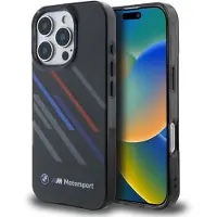 BMW BMHCP16X23HTRAK iPhone 16 Pro Max 6,9 Zoll, Schwarz, Hartschalenhülle, Motorsport-Design, IML-Technologie, zufällige Streifen