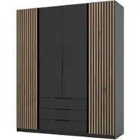Selsey Kaja - Kleiderschrank 4-türig mit Lamellen & 3 Schubladen, 200 cm, schwarz