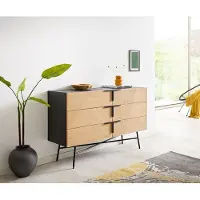 DELIFE Sideboard Mikkusu 140 cm Bambus Natur Mango Schwarz 6 Schubladen Metall Schwarz