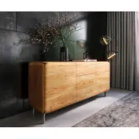 DELIFE Sideboard Shavani 175 cm Akazie Natur 2 Türen 3 Schubladen L-Fuß Edelstahl Silber