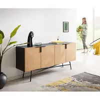 DELIFE Sideboard Mikkusu 175 cm Bambus Natur Mango Schwarz 4 Türen Metall Schwarz