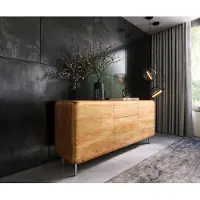 DELIFE Sideboard Shavani 175 cm Akazie Natur 2 Türen 3 Schubladen Rundfuß Edelstahl Silber