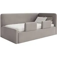 Selsey Fanko – Kinderbett 90x200 cm mit Rausfallschutz, Matratze, Kopfteil rechts, Samt,Graubeige