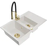Mexen Gaspar 1,5-Becken-Granitspüle mit Abtropffläche und Mischbatterie Aster, Weiß - 6507-20-73450-57-G