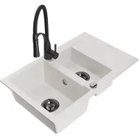 Mexen Gaspar 1,5-Becken-Granitspüle mit Abtropffläche und Mischbatterie Aster, Weiß - 6507-20-73450-70-B