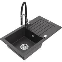 Mexen Pablo 1 Becken-Granitspüle mit Abtropffläche und Mischbatterie Aster, Schwarz gesprenkelt - 6510-76-73450-07