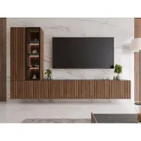 Mirjan 24 Wohnwand Tiwori, Stilvoll Wohnzimmer-Set, TV-Schrank, Modern Mediawand (Nuss Warmia / Nuss Warmia + Marmor Schwarz mit Weißer LED-Beleuchtung)